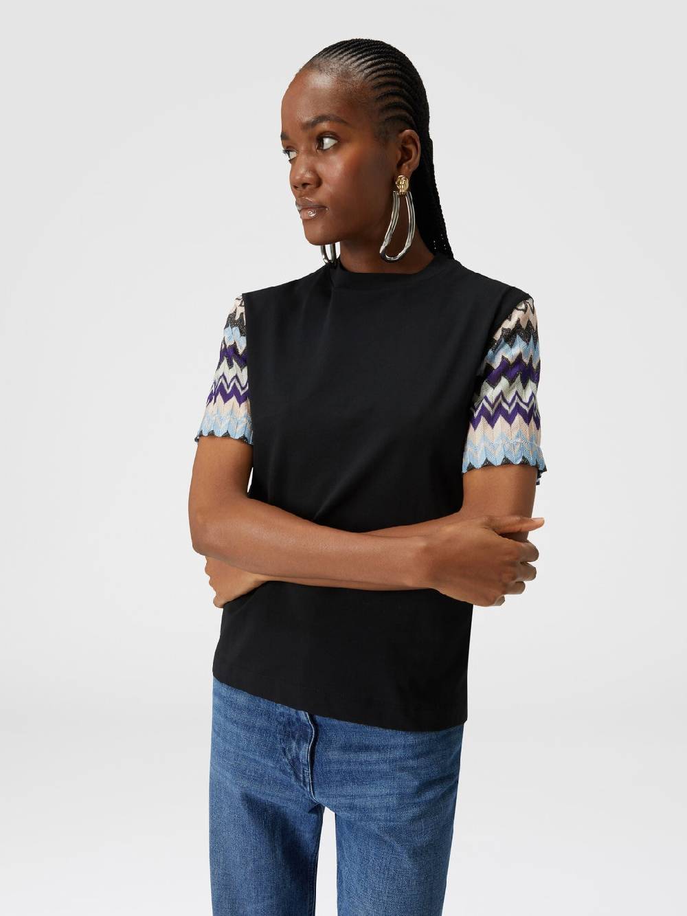 Missoni T-shirt in jersey di cotone con maniche in maglia zig zag Promozione Limitata