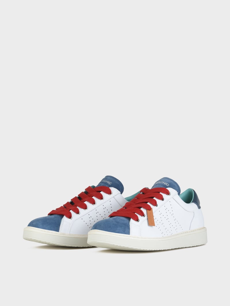 Panchic SCARPA ALLACCIATA P01 UOMO IN PELLE E SUEDE BIANCO-BLUE-ROSSO Italia