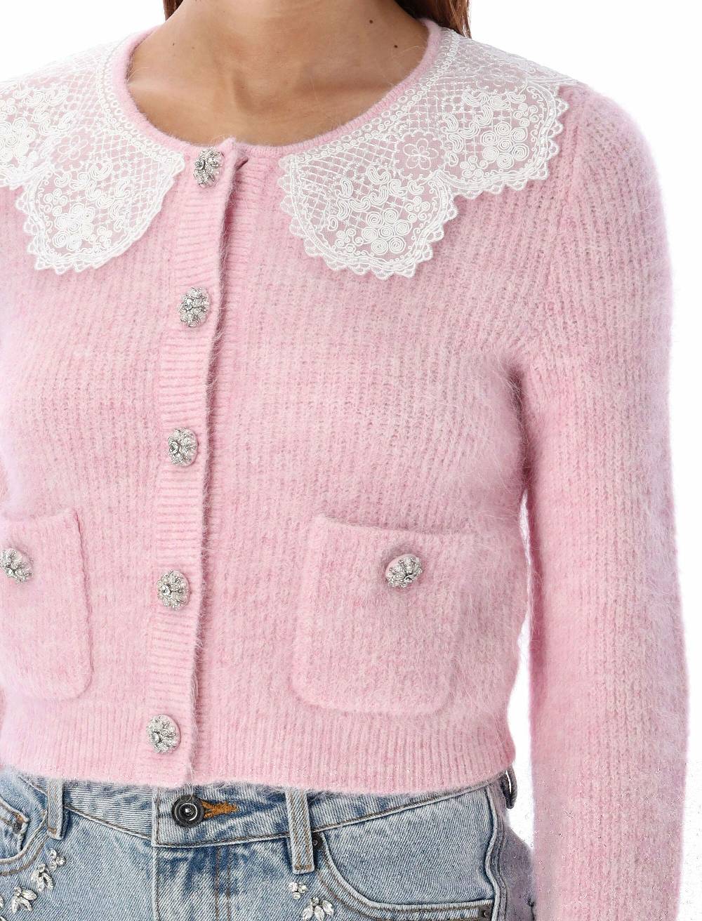 SELF PORTRAIT  Cardigan Angora Rosa con Colletto in Pizzo Self-Portrait Shopping Online
