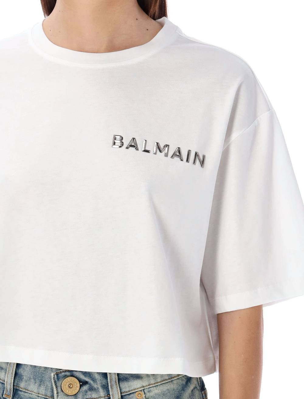 BALMAIN  T-Shirt Corta Balmain con Logo Argento - Cotone Biologico 2025