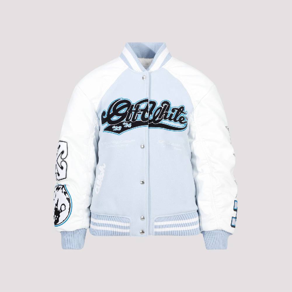 OFF-WHITE  Giacca Varsity in Pelle e Lana Blu Off-White Saldi