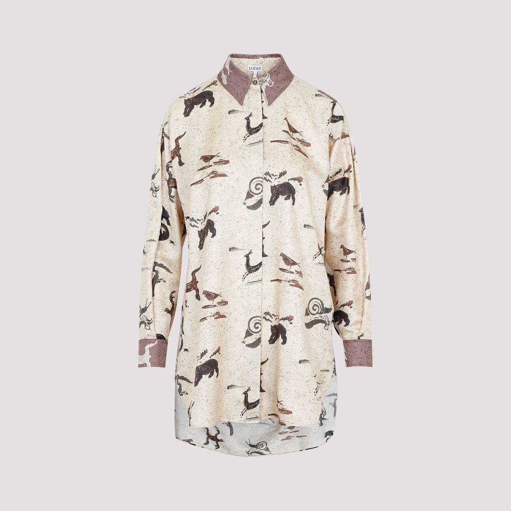 LOEWE  Camicia Oversize da Donna Loewe in Seta Beige con Stampa Animalier Qualità