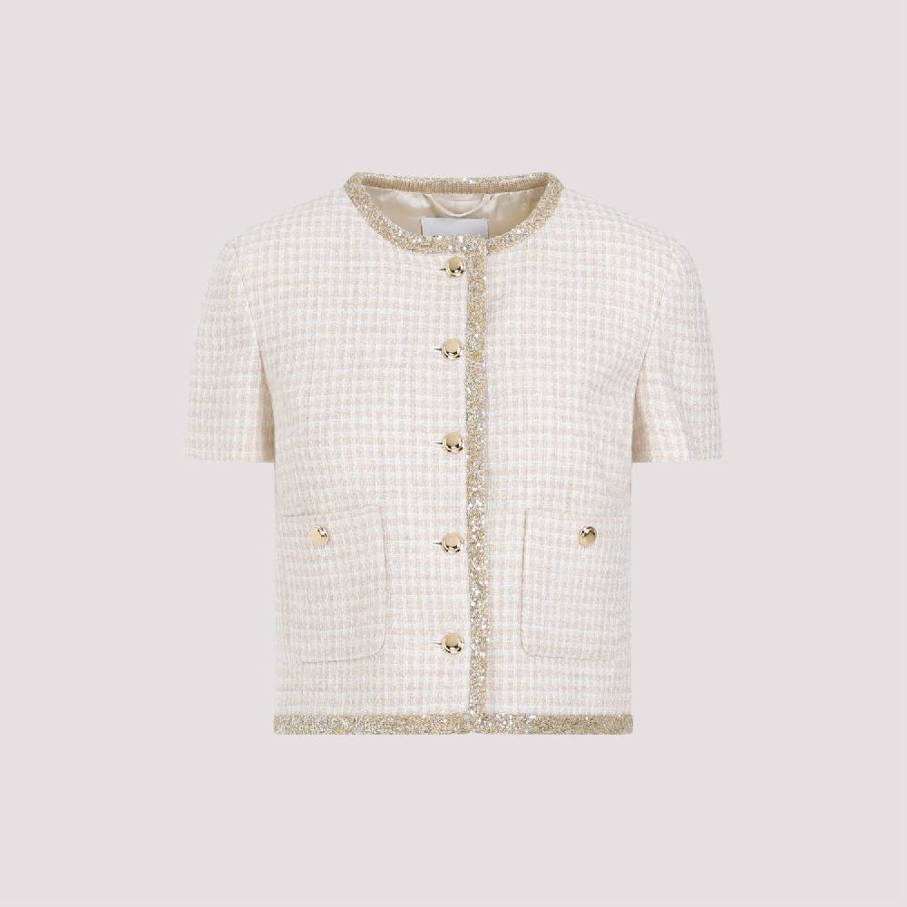 MIU MIU  Giacca in Lana Vergine Pied de Poule Avorio MIU MIU con Bordo di Paillettes Outlet