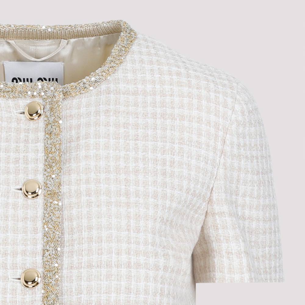 MIU MIU  Giacca in Lana Vergine Pied de Poule Avorio MIU MIU con Bordo di Paillettes Outlet