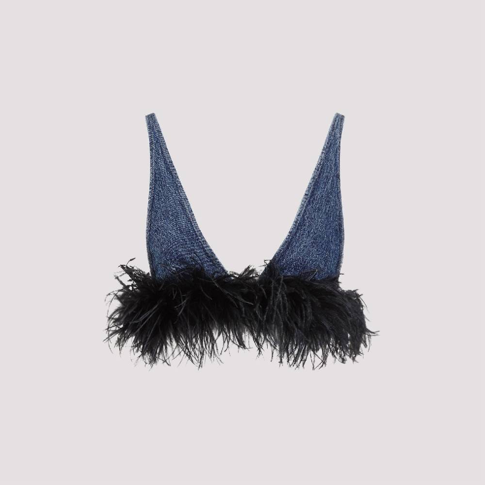 MIU MIU  Top di Cotone Blu con Piume Miu Miu Hotsell