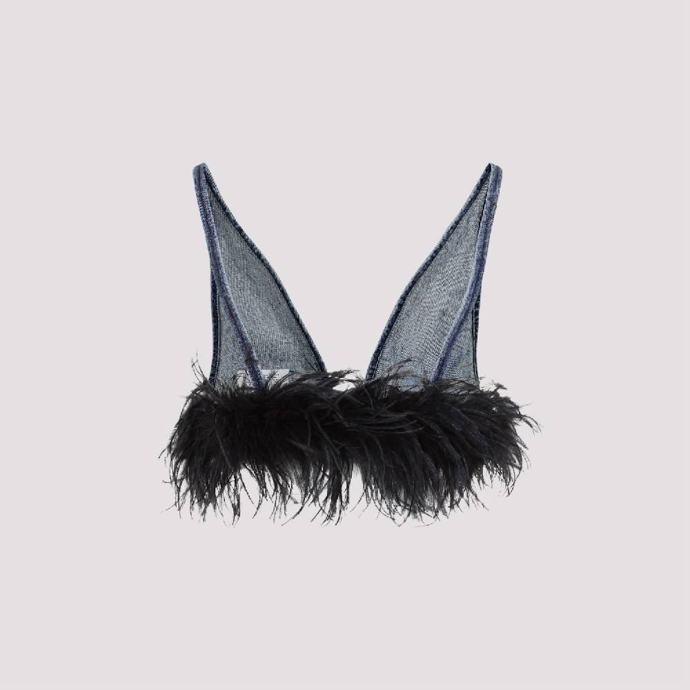 MIU MIU  Top di Cotone Blu con Piume Miu Miu Hotsell