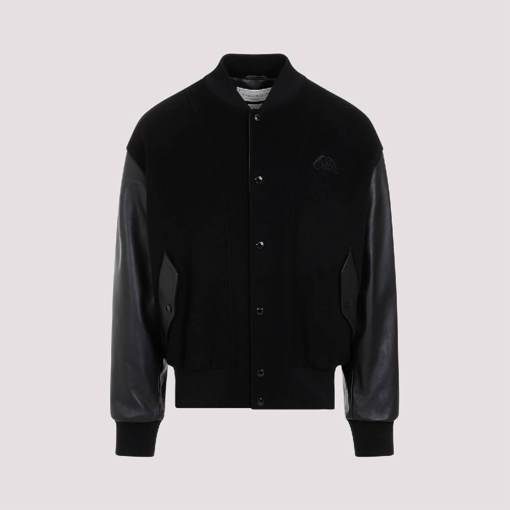 ALEXANDER MCQUEEN  Bomber Uomo Alexander McQueen in Cashmere e Pelle Nera Saldi Di Fabbrica