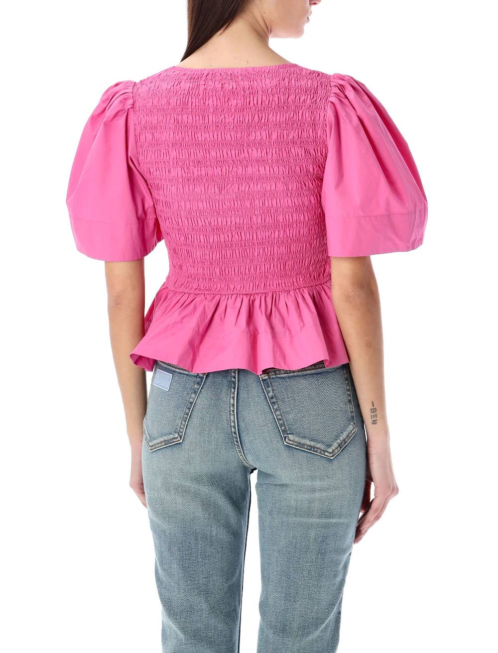 GANNI  Blusa in Cotone con Maniche a Palloncino e Peplo GANNI Enormi risparmi