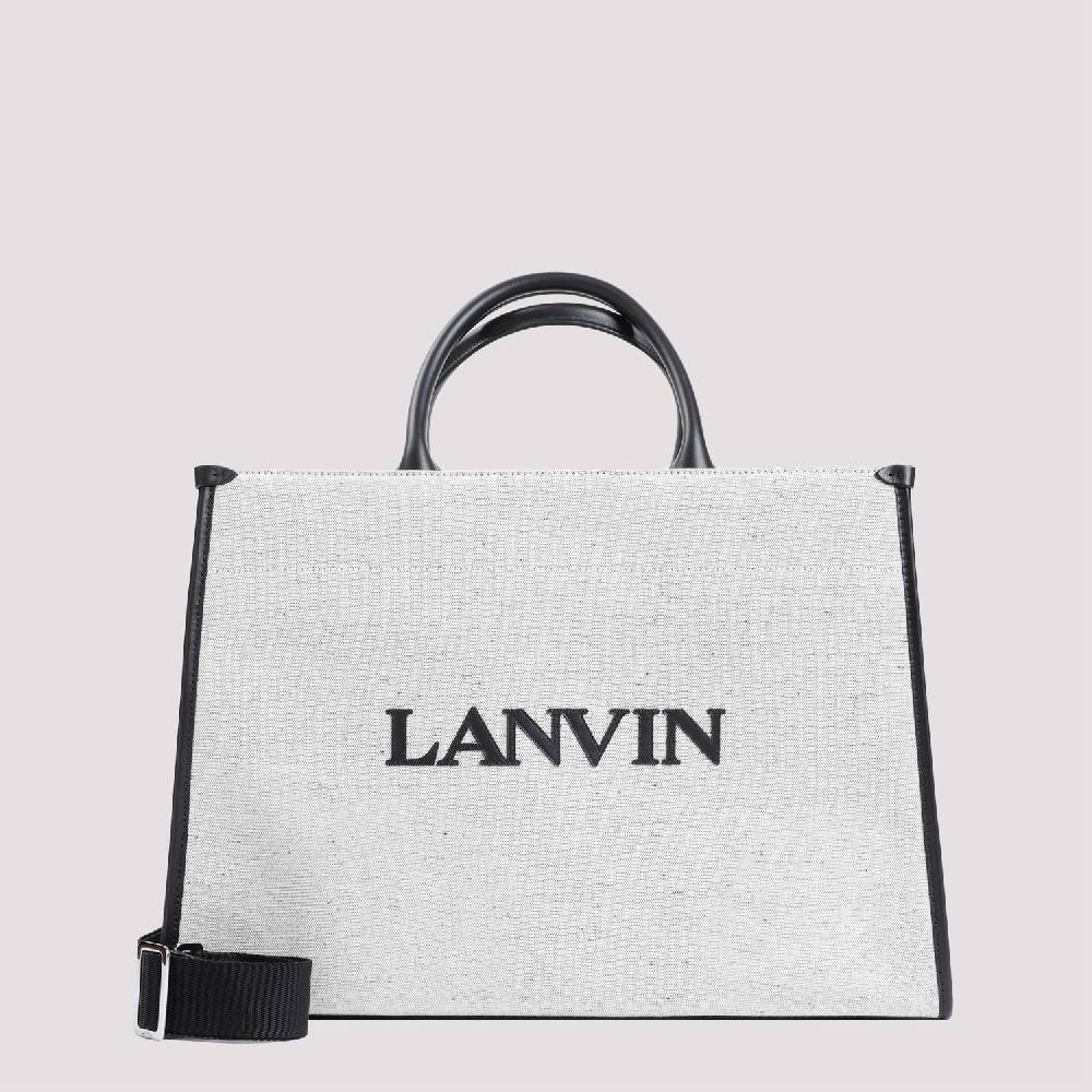 LANVIN  Borsa Shopper Lanvin in Cotone e Lino Grigio con Rifiniture in Pelle Negozio