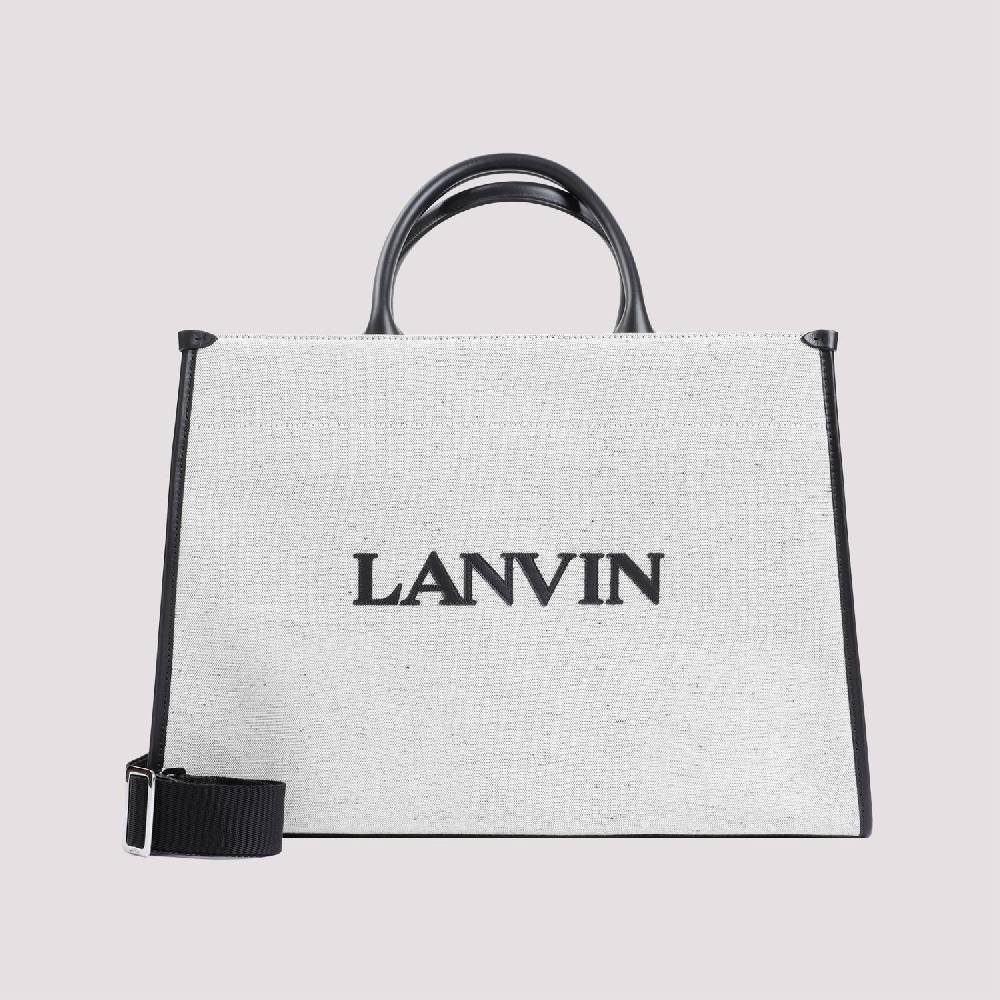 LANVIN  Borsa Shopper Lanvin in Cotone e Lino Grigio con Rifiniture in Pelle Negozio