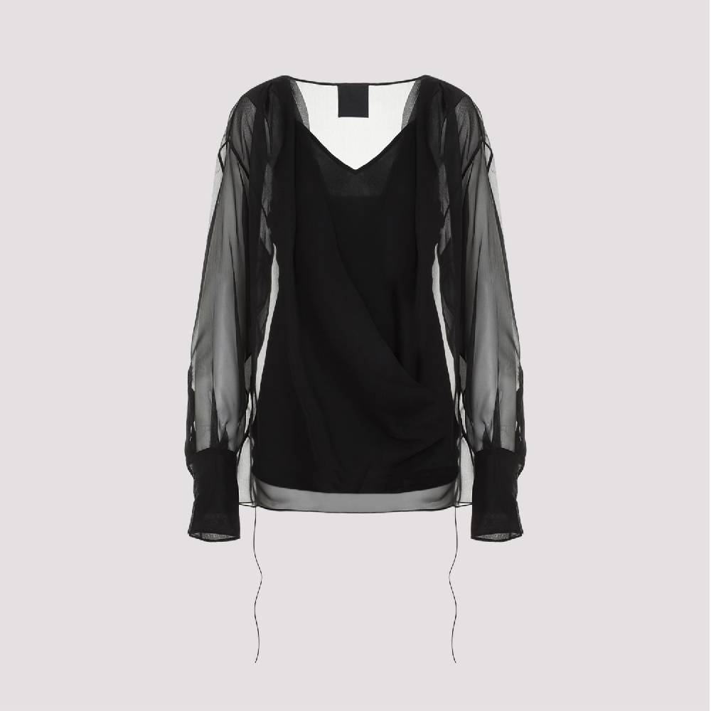 GIVENCHY  Camicia Nera in Seta Drappeggiata Givenchy con Lacci Laterali Pezzi Unici