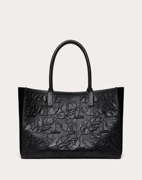 Red Valentino BORSA SHOPPING MEDIA VLOGO LOCKER TOTE IN PELLE CON ROSE RICAMATE Vendita Calda