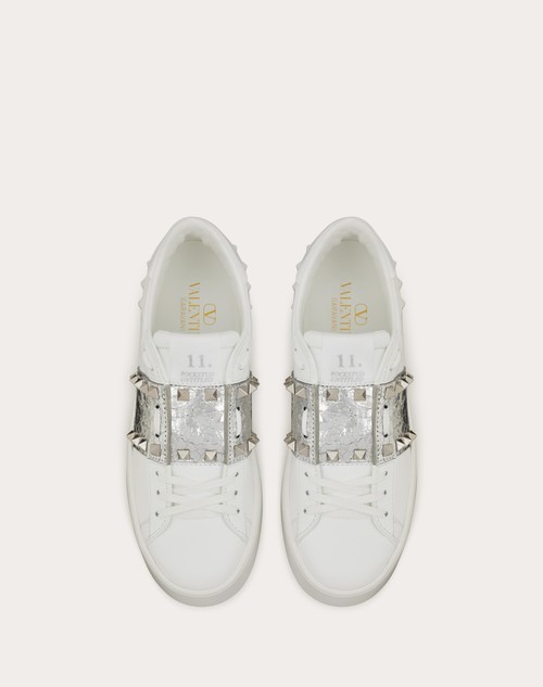 Red Valentino SNEAKER FLATFORM ROCKSTUD UNTITLED IN VITELLO CON BANDA METALLIZZATAEFFETTO CRAQUELÉ Vendita Calda