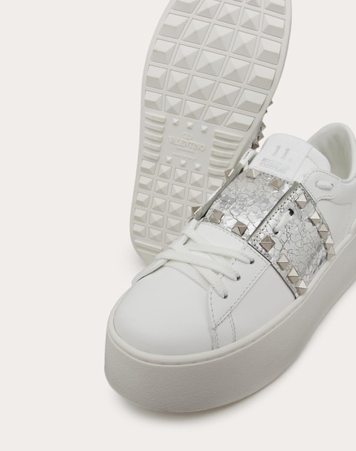 Red Valentino SNEAKER FLATFORM ROCKSTUD UNTITLED IN VITELLO CON BANDA METALLIZZATAEFFETTO CRAQUELÉ Vendita Calda