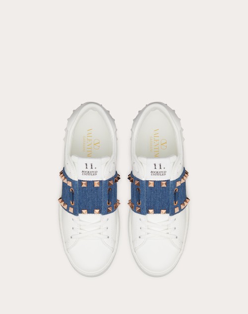 Red Valentino SNEAKER ROCKSTUD UNTITLED IN VITELLO CON BANDA IN DENIM Saldi Di Fabbrica