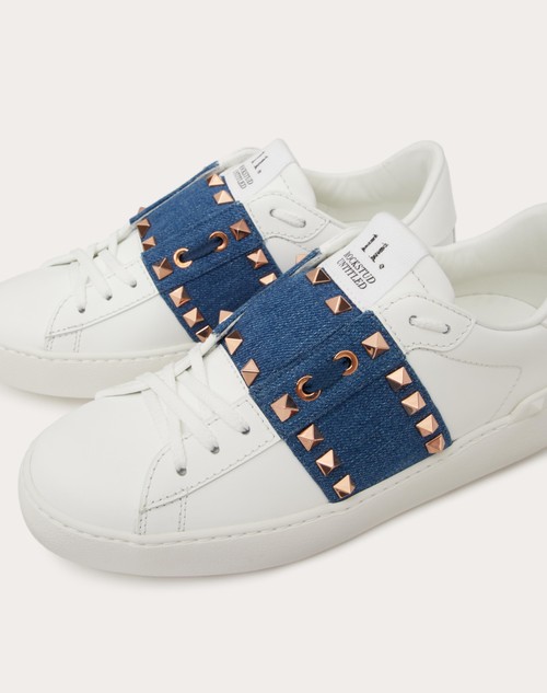 Red Valentino SNEAKER ROCKSTUD UNTITLED IN VITELLO CON BANDA IN DENIM Saldi Di Fabbrica