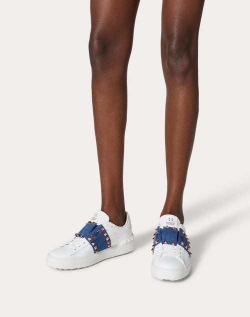 Red Valentino SNEAKER ROCKSTUD UNTITLED IN VITELLO CON BANDA IN DENIM Saldi Di Fabbrica