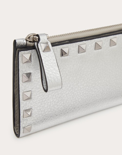 Red Valentino PORTACARTE CON ZIP ROCKSTUD IN VITELLO GRANATO METALLIZZATO Spedizione gratuita