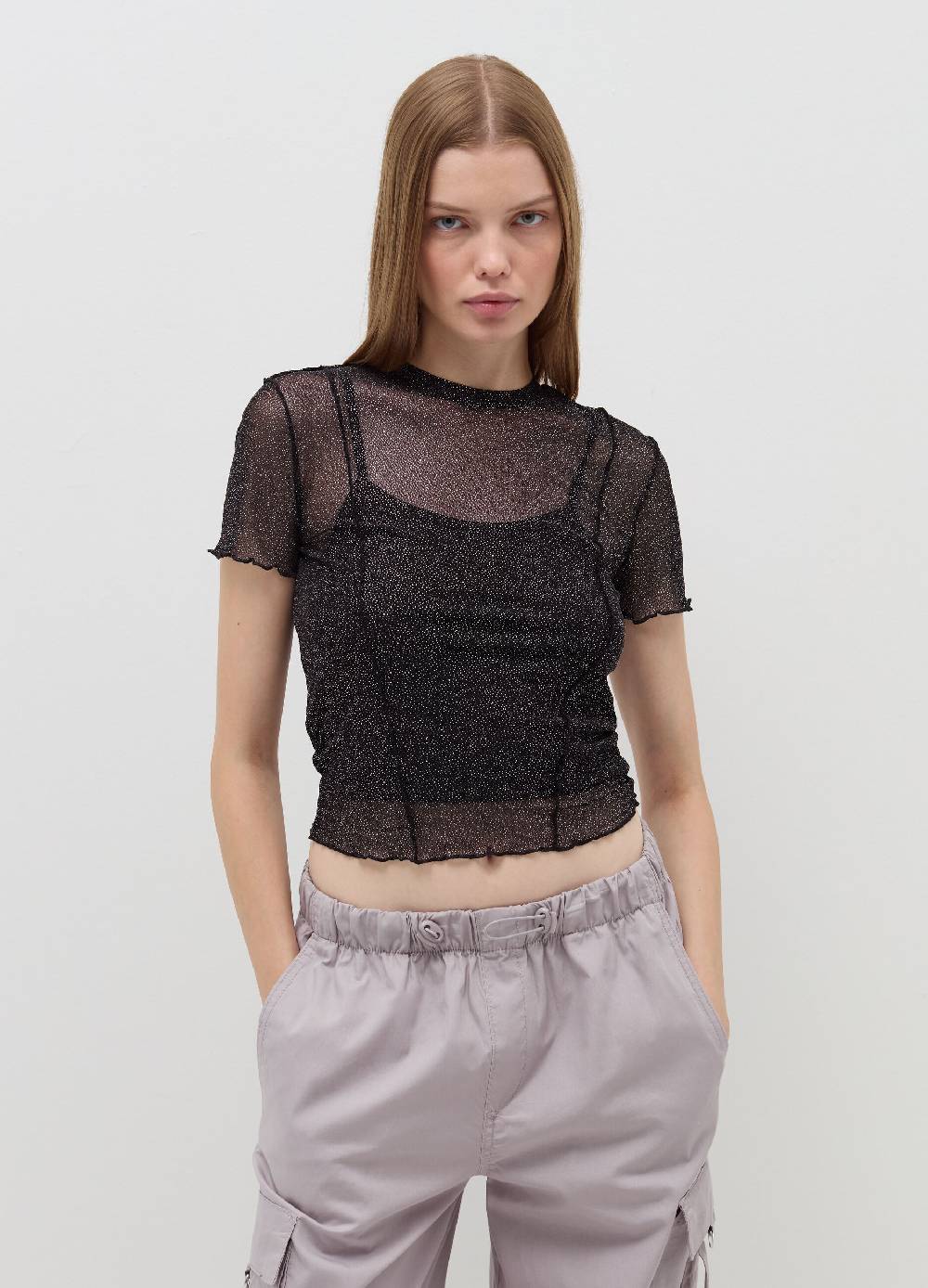 B. ANGEL T-shirt crop in mesh con profili ondulati Nuova