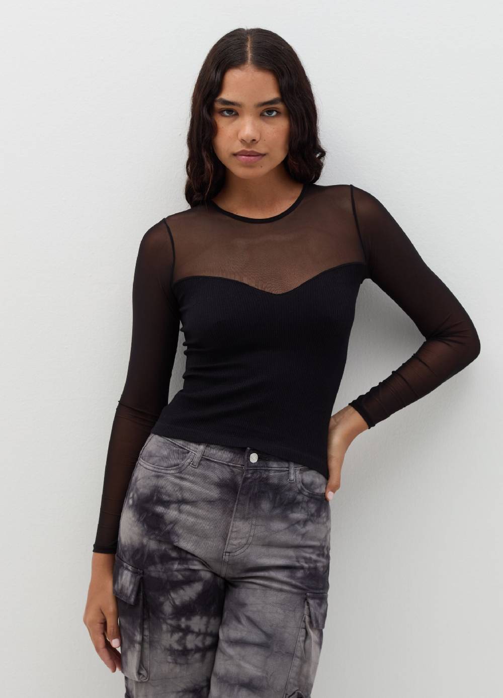 B. ANGEL T-shirt crop in mesh a maniche lunghe Offerte