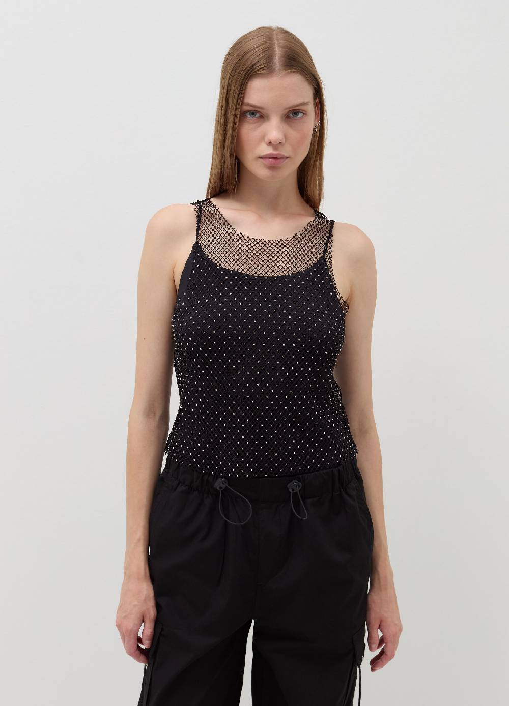 B. ANGEL Tank top in rete con micro strass Prezzo Ridotto