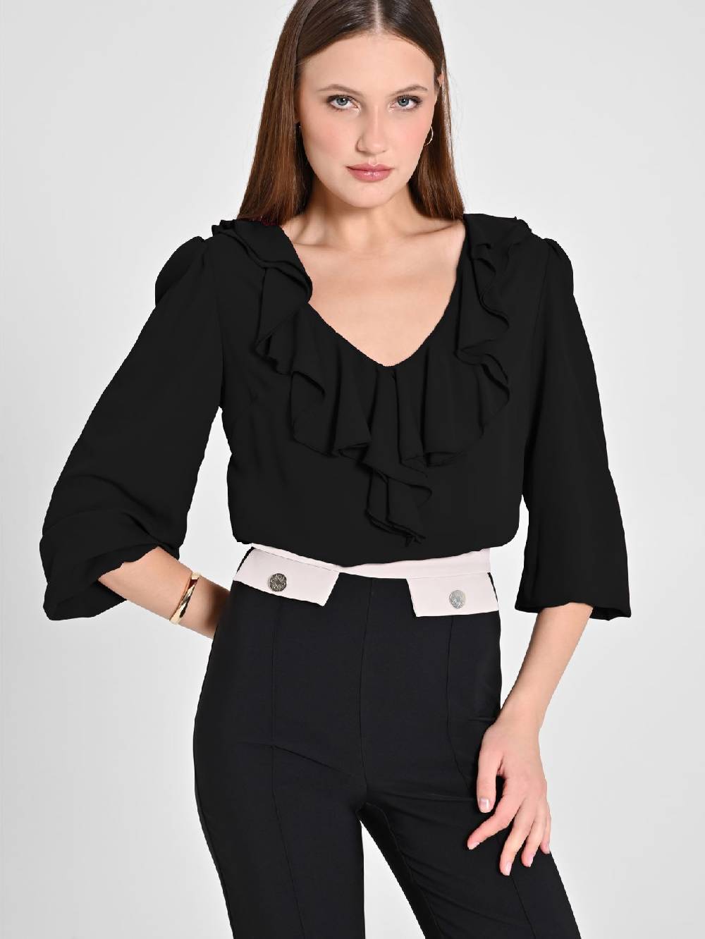 Rinascimento Blusa Nera con Rouche Consegna Veloce