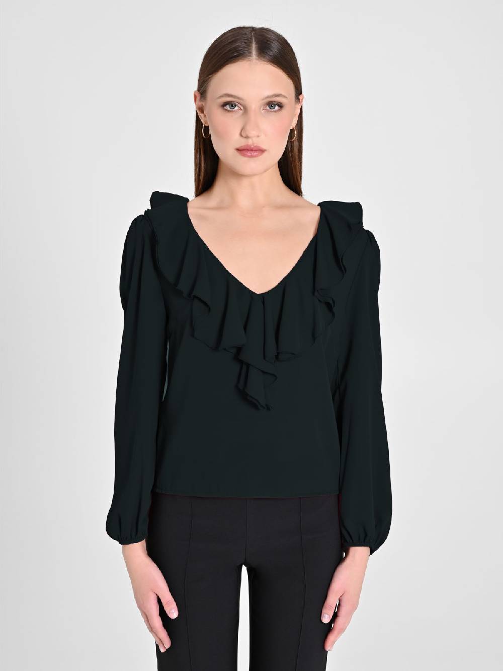 Rinascimento Blusa Nera con Rouche Consegna Veloce
