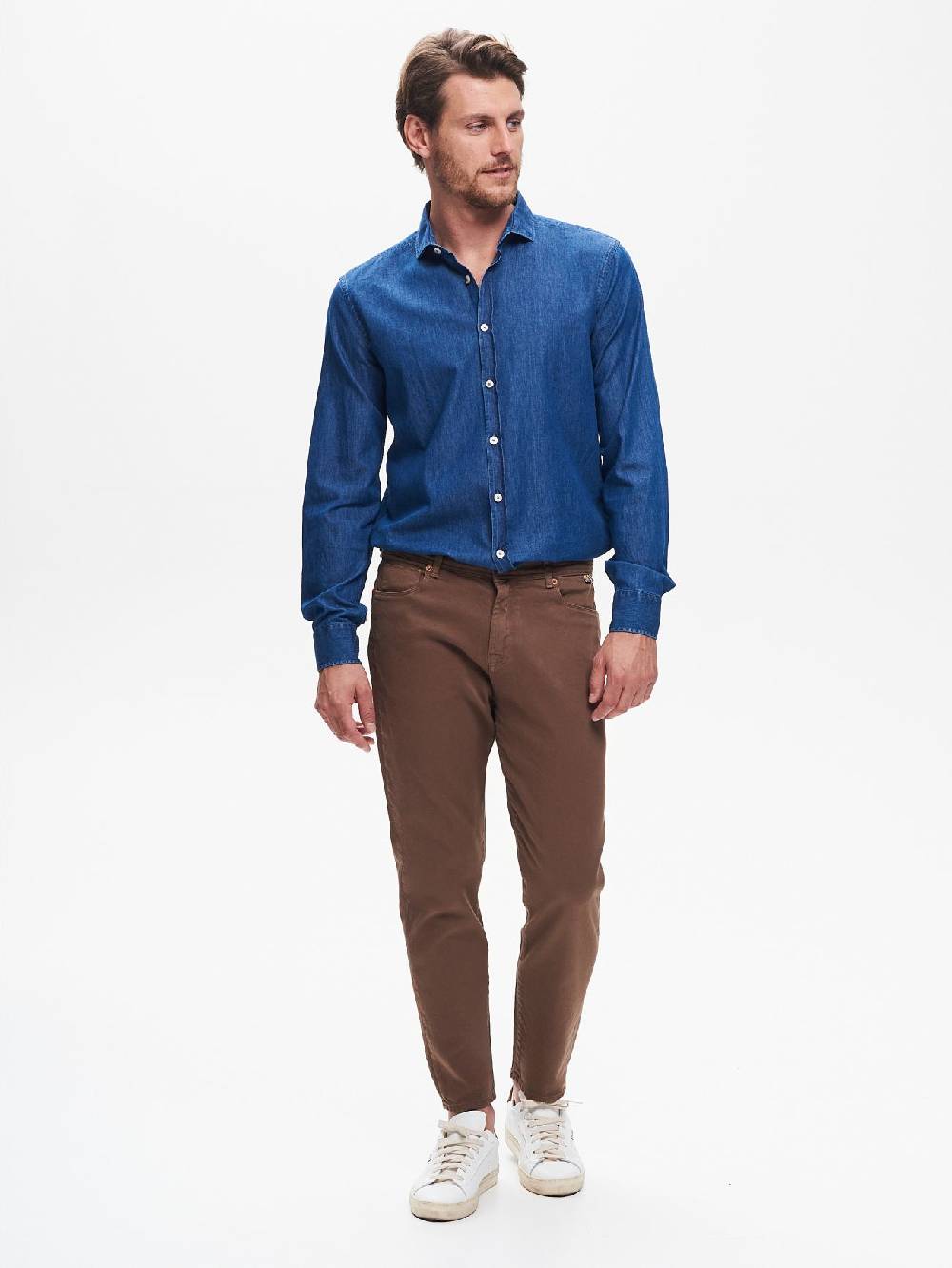 Rinascimento Camicia in Denim Uomo Lavaggio Medio Blu QB24 In Linea