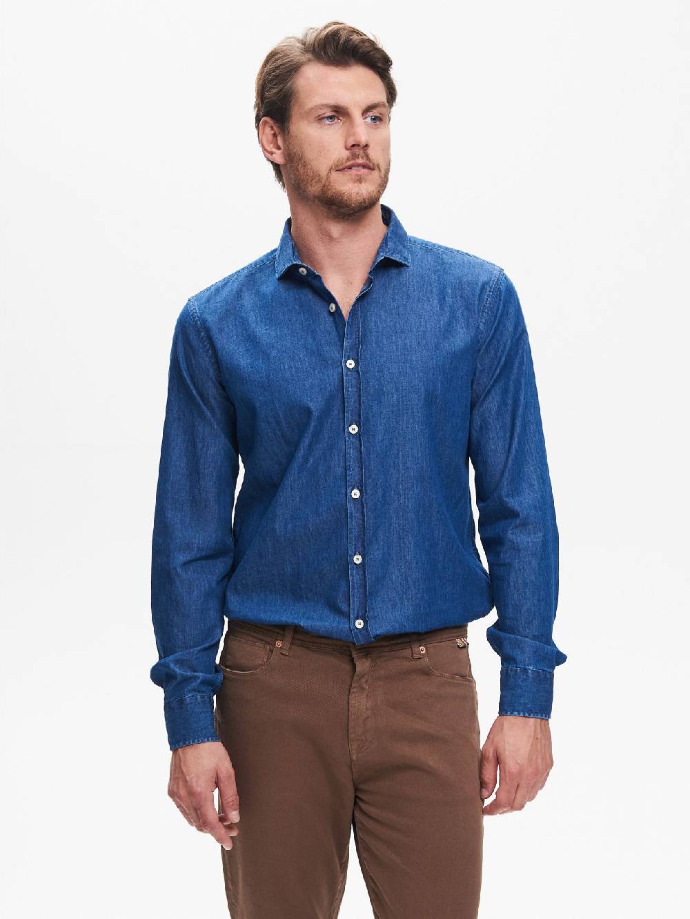 Rinascimento Camicia in Denim Uomo Lavaggio Medio Blu QB24 In Linea