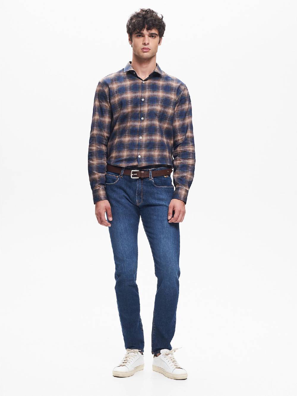 Rinascimento Camicia Check Uomo Collo alla Francese Blu QB24 Qualità