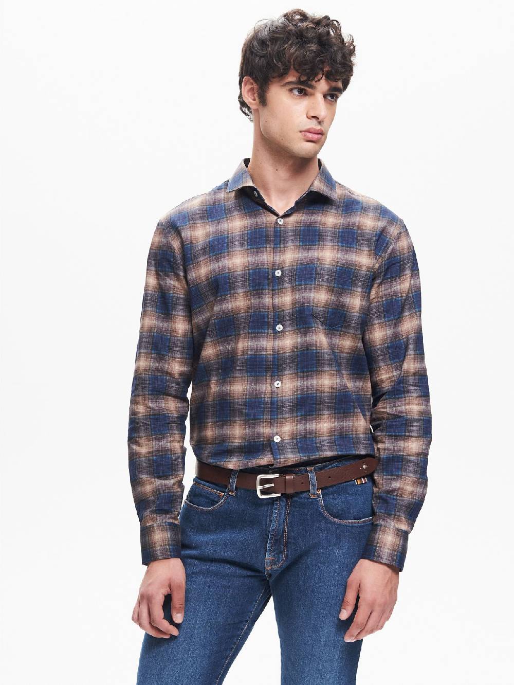 Rinascimento Camicia Check Uomo Collo alla Francese Blu QB24 Qualità