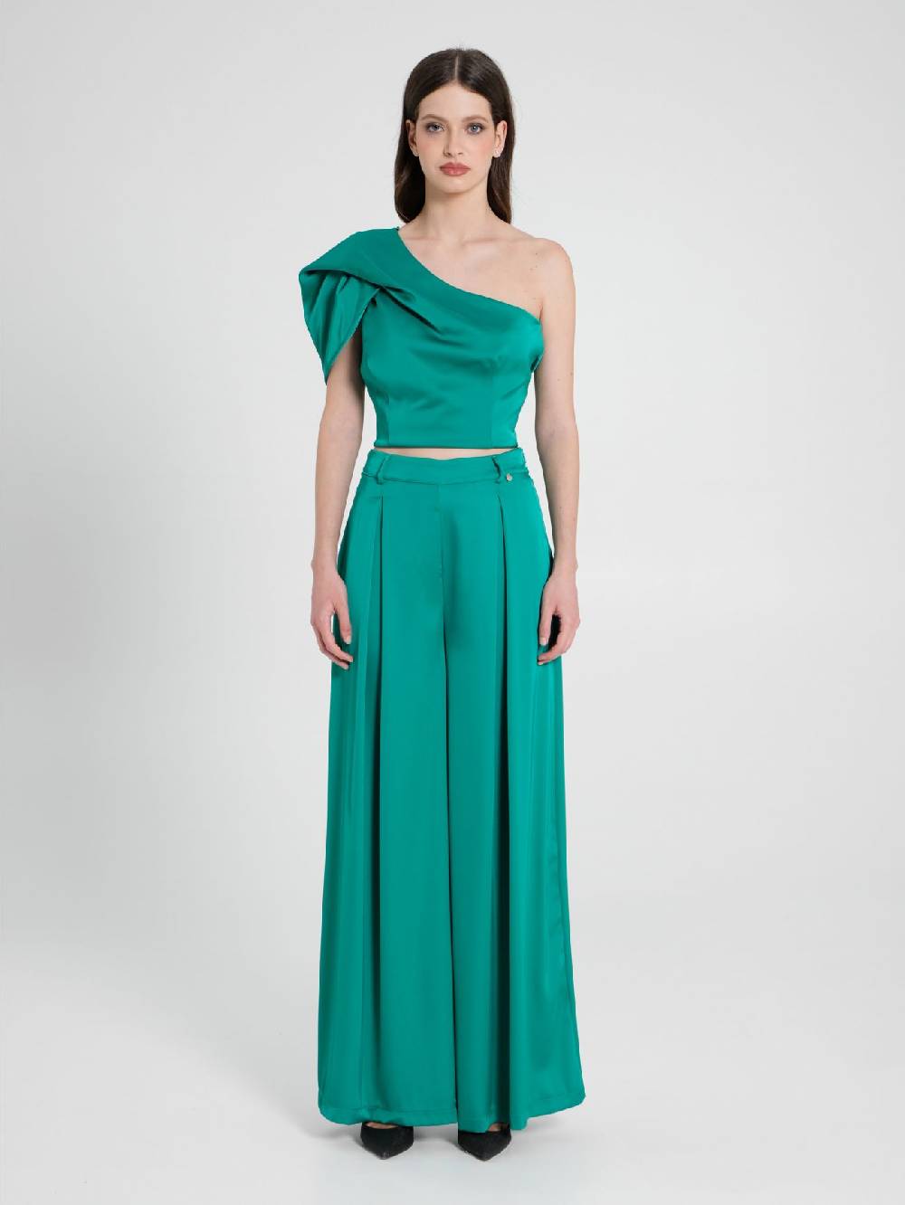 Rinascimento Pantaloni Palazzo in Satin Verde Giada Qualità Garantita