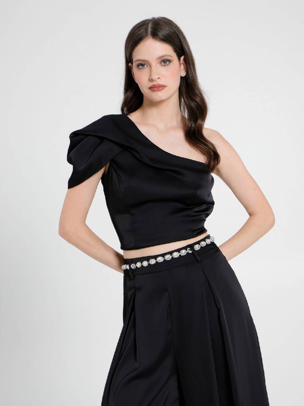 Rinascimento Top Monospalla in Satin Nero In Vendita
