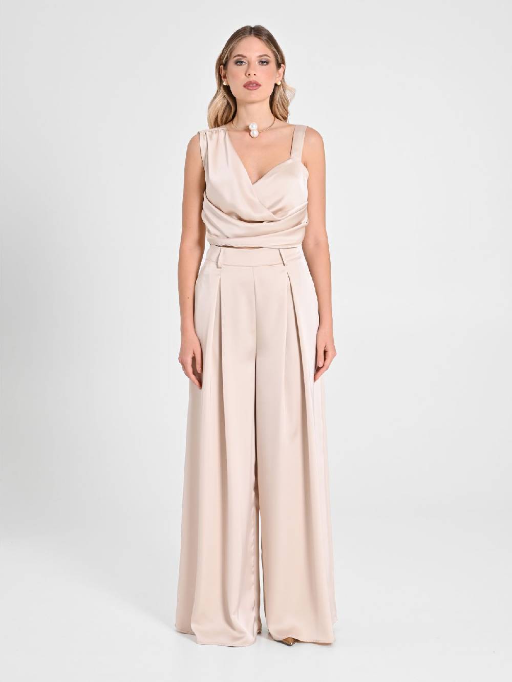 Rinascimento Pantaloni Palazzo in Satin Beige Nuova