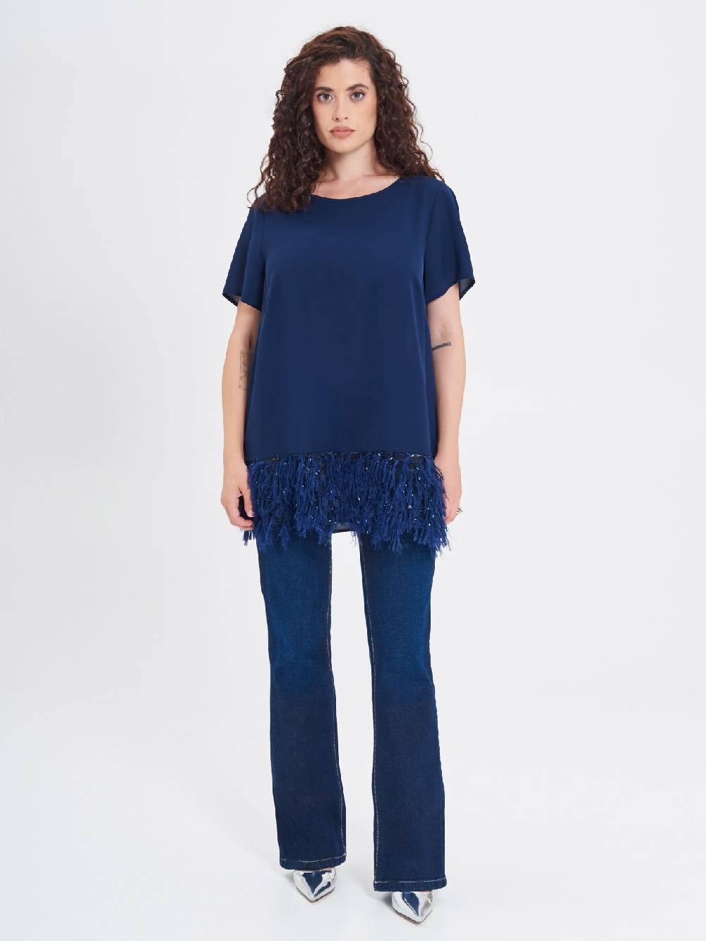 Rinascimento Blusa Curvy con Piume Lurex Offerta