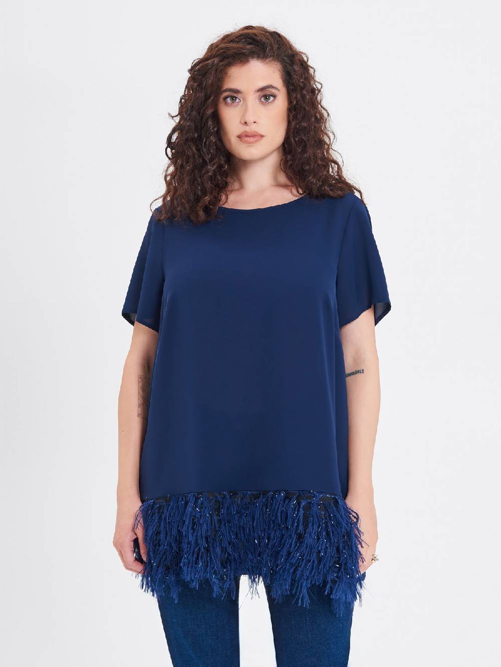 Rinascimento Blusa Curvy con Piume Lurex Offerta