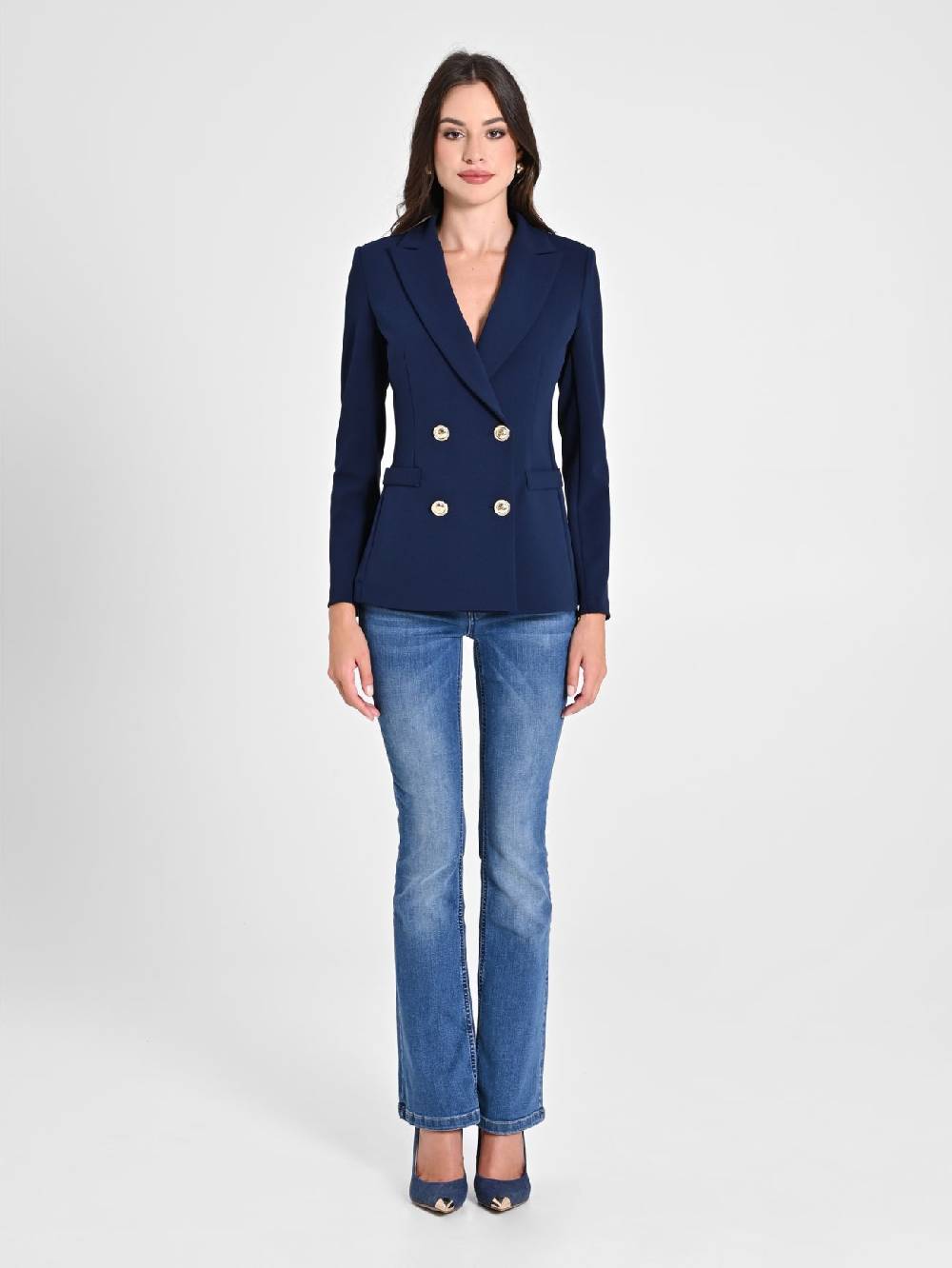 Rinascimento Giacca Doppiopetto Blu in Scuba mano Crepe 50% di sconto per tempo limitato