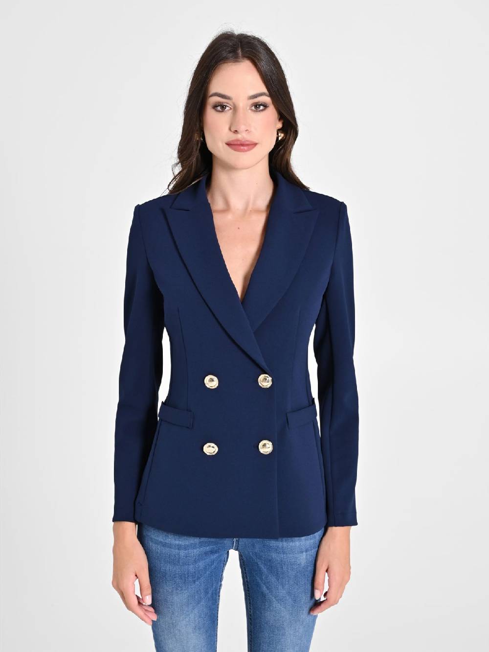 Rinascimento Giacca Doppiopetto Blu in Scuba mano Crepe 50% di sconto per tempo limitato