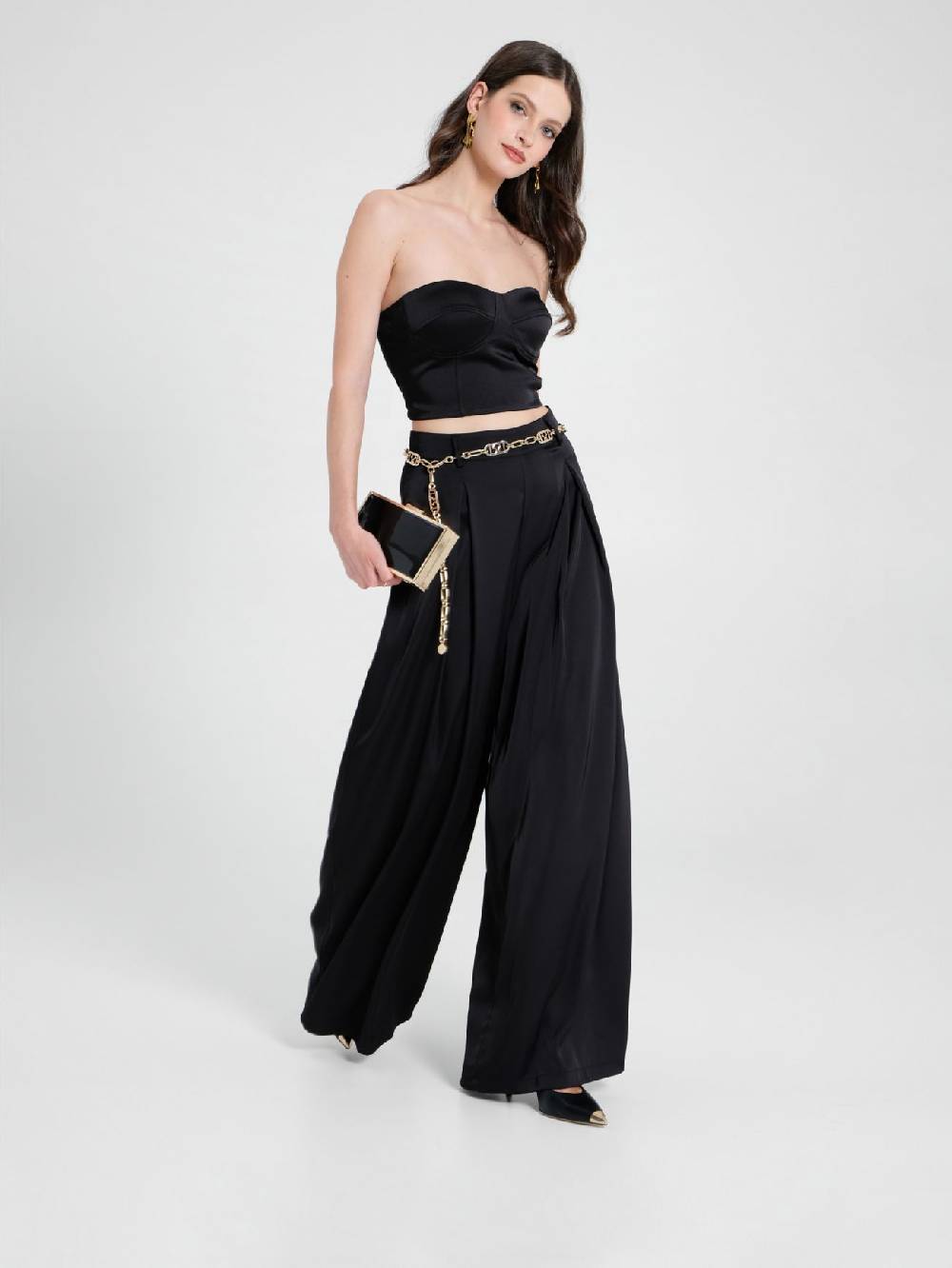 Rinascimento Pantaloni Palazzo in Satin Nero Prezzo Ridotto