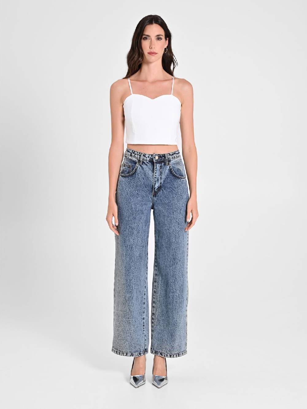 Rinascimento Crop Top Bianco con Scollo a Cuore Economico