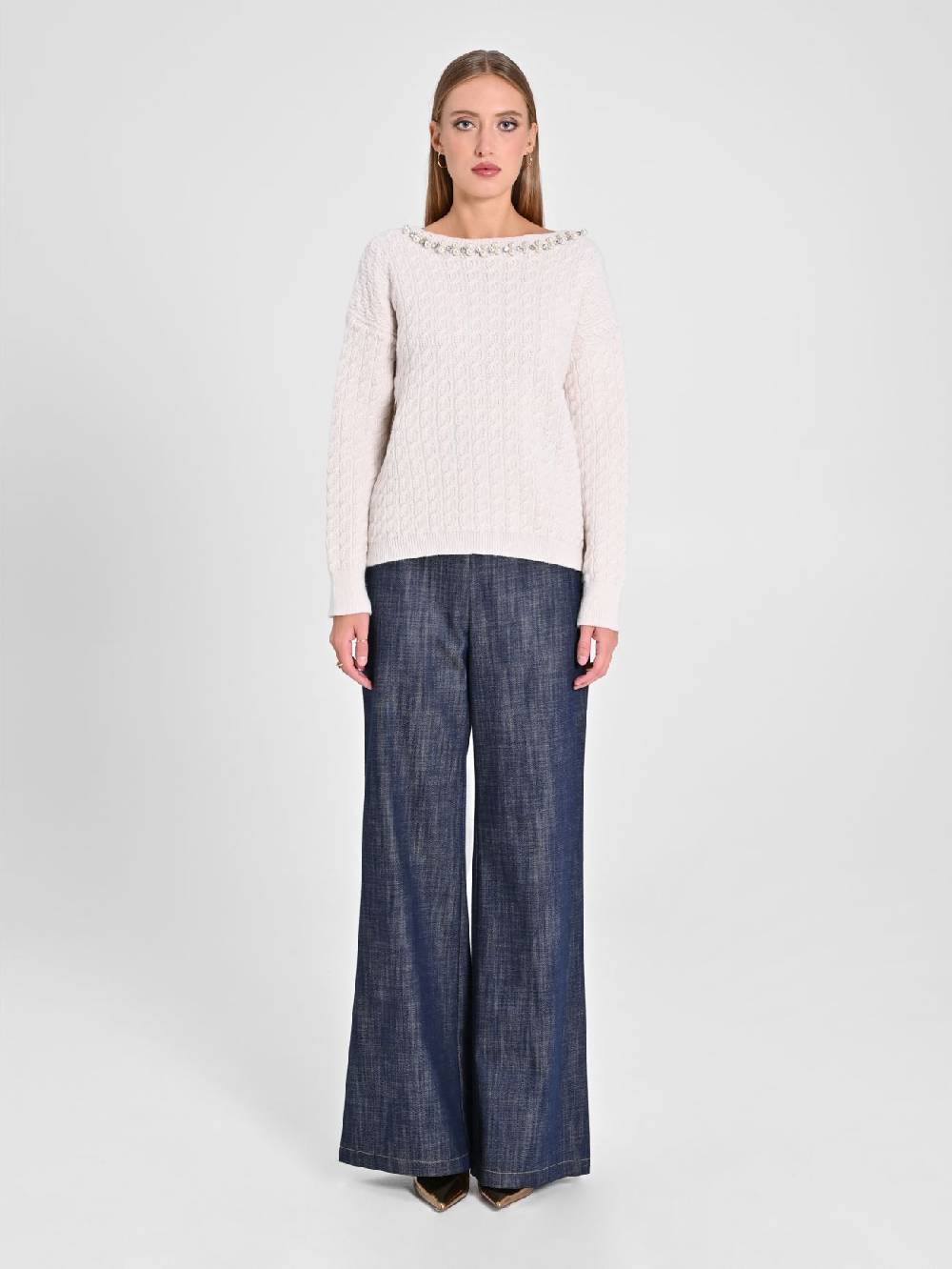 Rinascimento Maglione Bianco scollo Perle Duty-free
