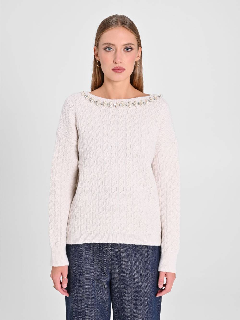 Rinascimento Maglione Bianco scollo Perle Duty-free
