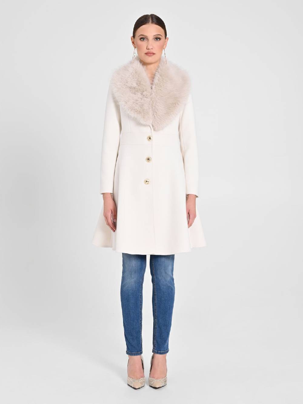Rinascimento Cappotto Bianco con Collo effetto Pelliccia Comprare a buon mercato