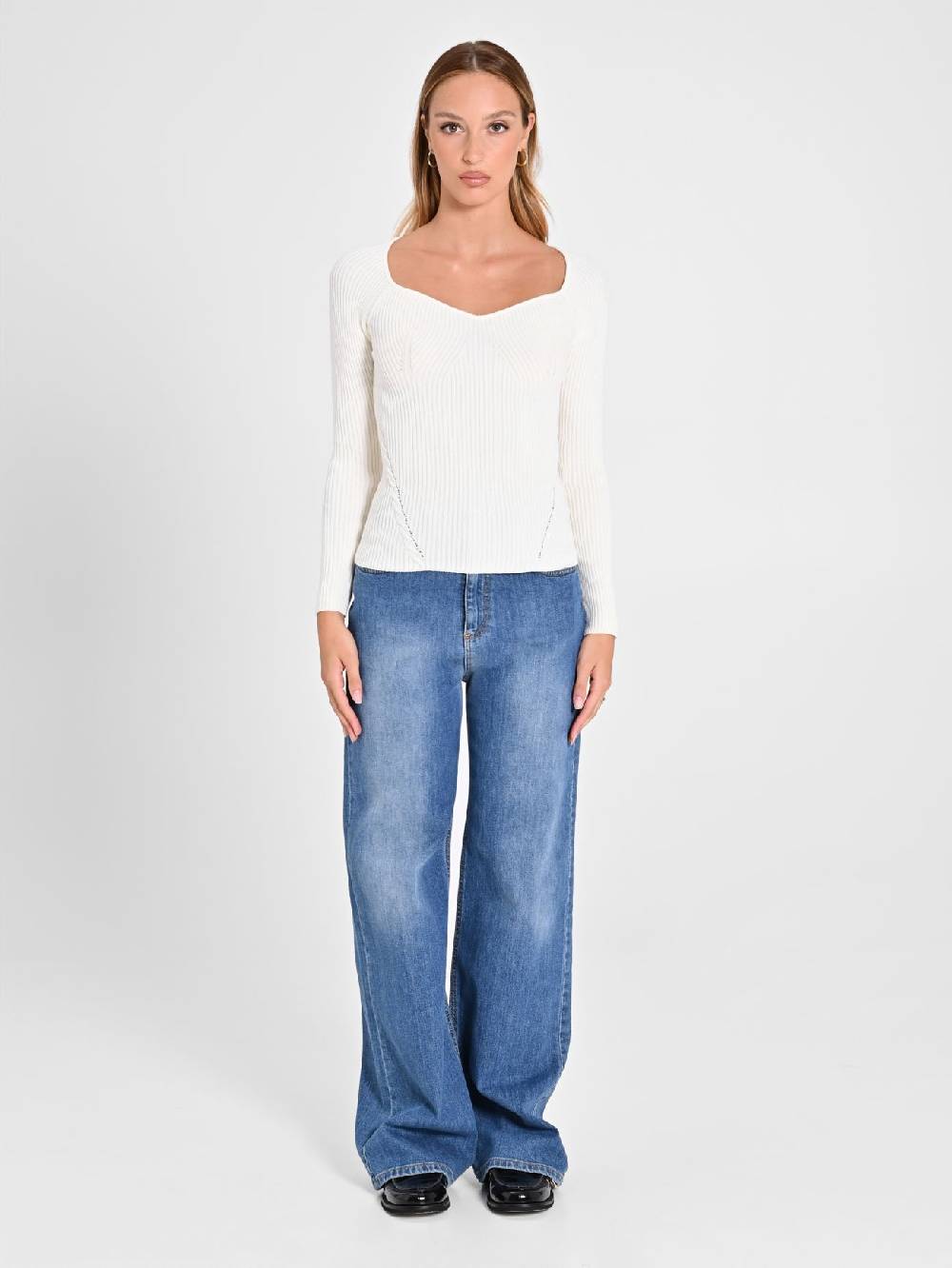 Rinascimento Maglia Bianca con Scollo a Cuore Vendita calda