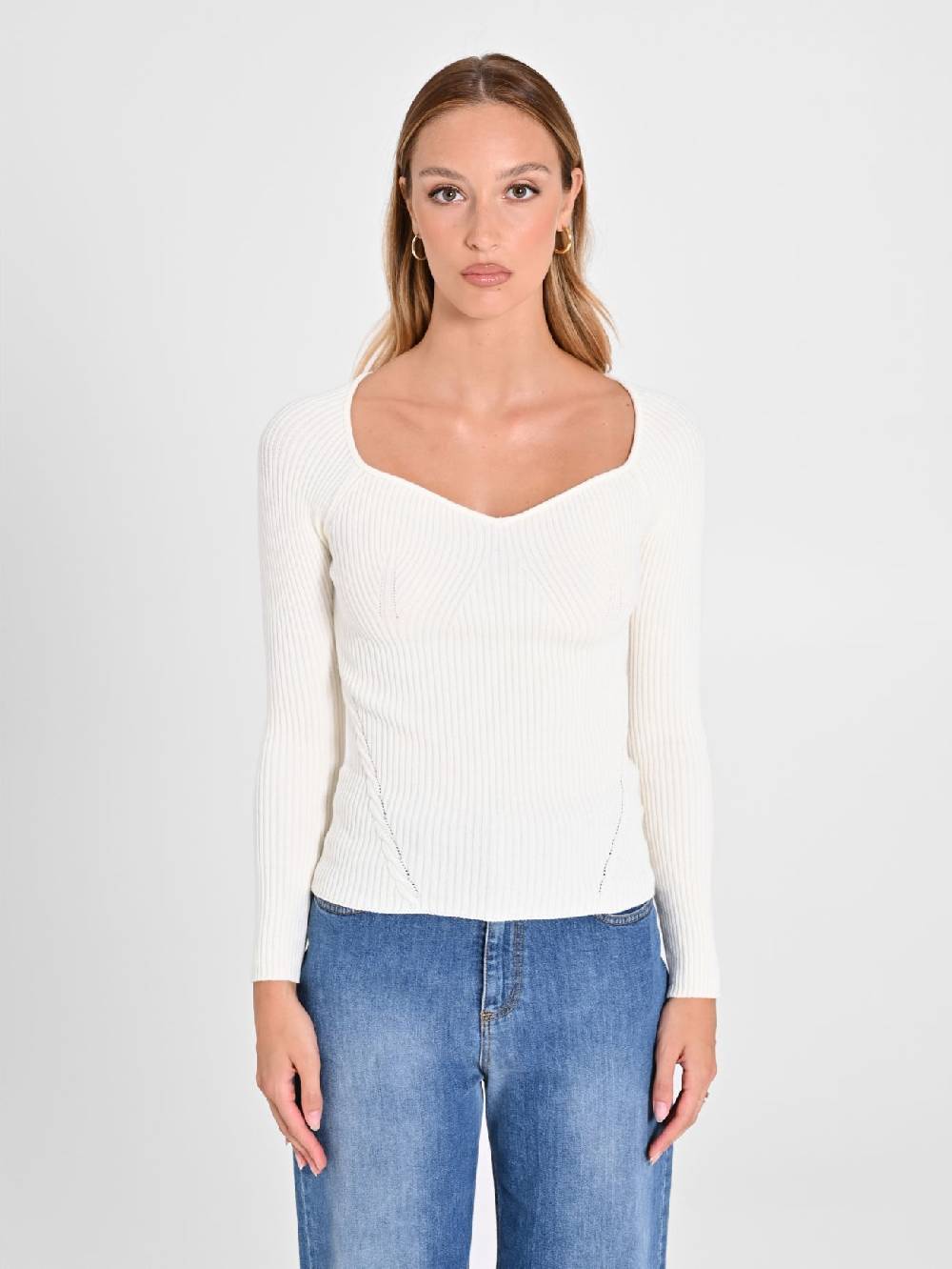 Rinascimento Maglia Bianca con Scollo a Cuore Vendita calda