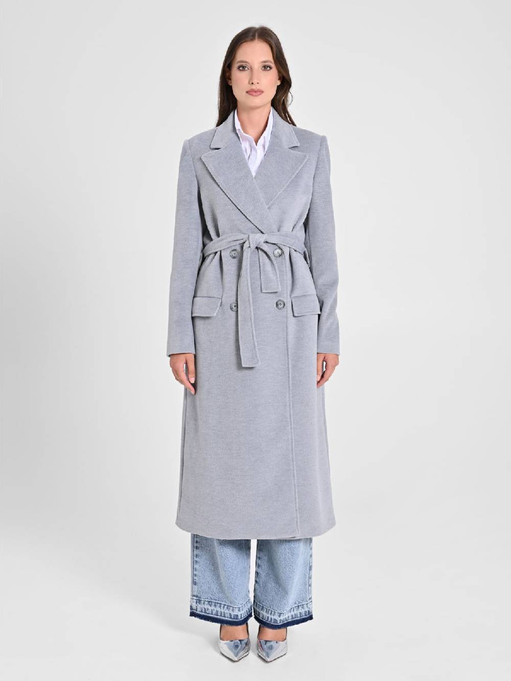 Rinascimento Maxi Cappotto Grigio con Cintura Sconto di tempo limitato