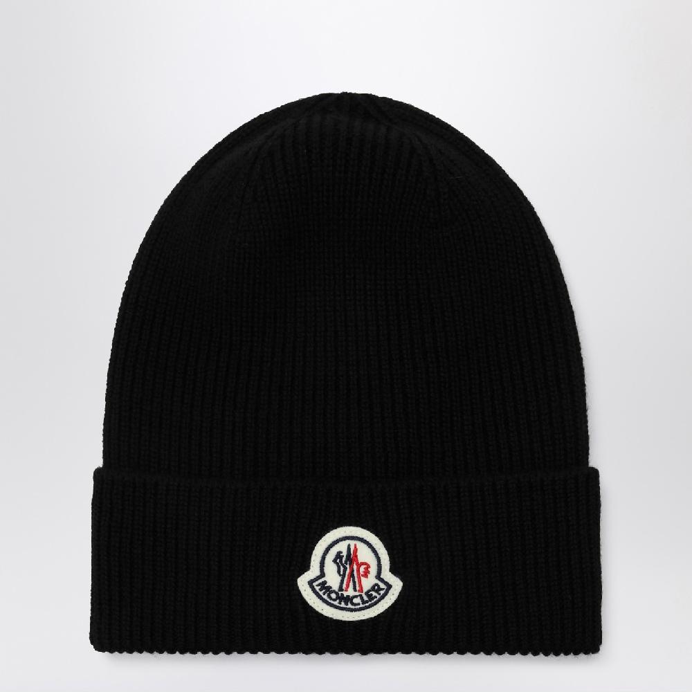 Moncler Cuffia nera in lana con patch logo Consegna Veloce