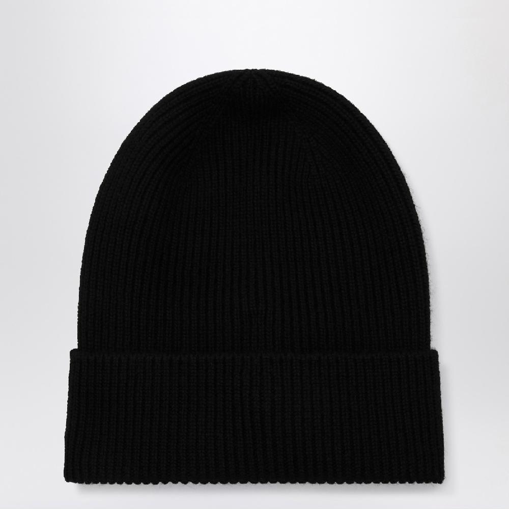 Moncler Cuffia nera in lana con patch logo Consegna Veloce