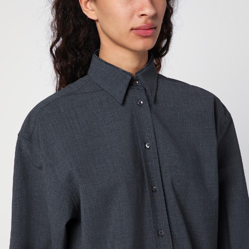 Brunello Cucinelli Camicia grigia scura con Shiny Collar Detail Negozi Online