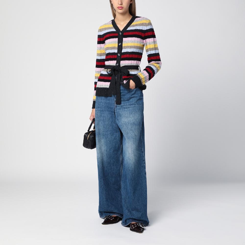 Ganni Cardigan a righe multicolore con cintura Sconto